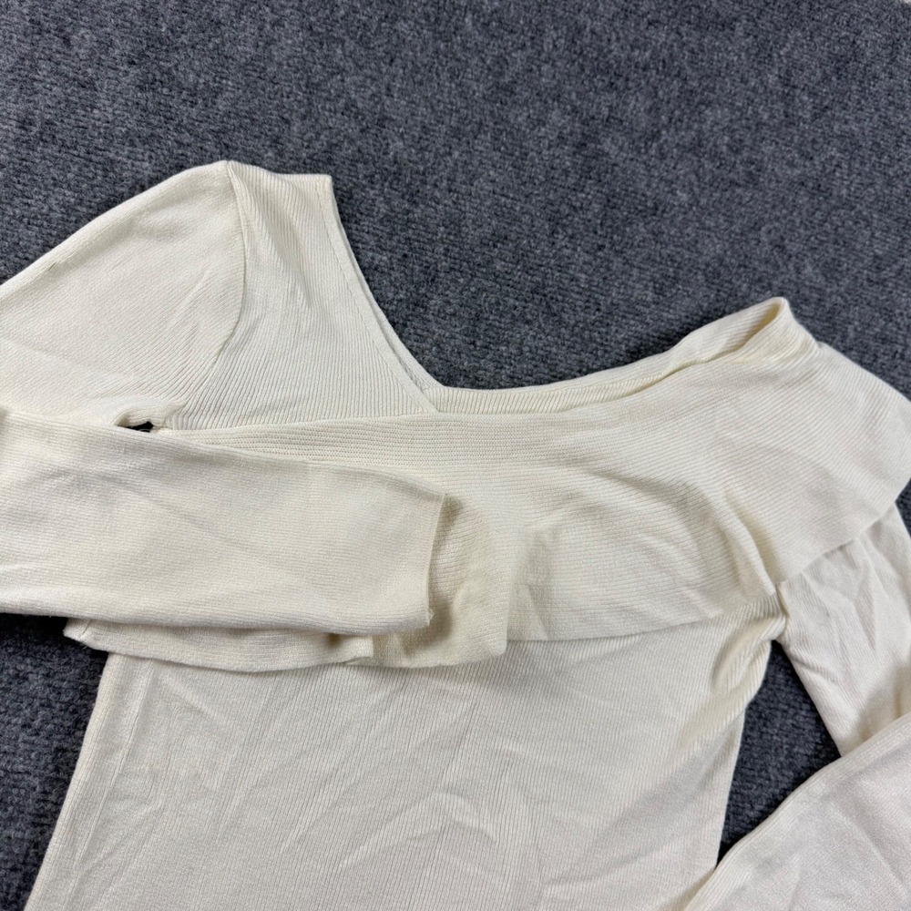 NYMPH Ruffle Asymmetric Off Shoulder Top Small Cream Ribbed Knit Women